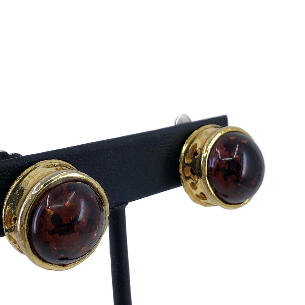Vintage Amber Glass Clip On Earrings Unsigned, Chunky Round Clips - Picture 5 of 10